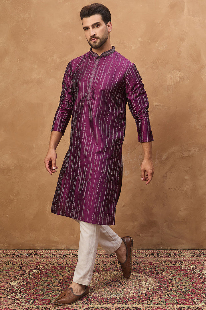 Purple Silk Blend Geometric Printed Straight Kurta | SHOBITAM