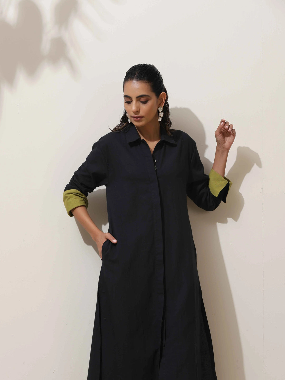 Black Cotton Linen Kurta Pant Set | SHOBITAM