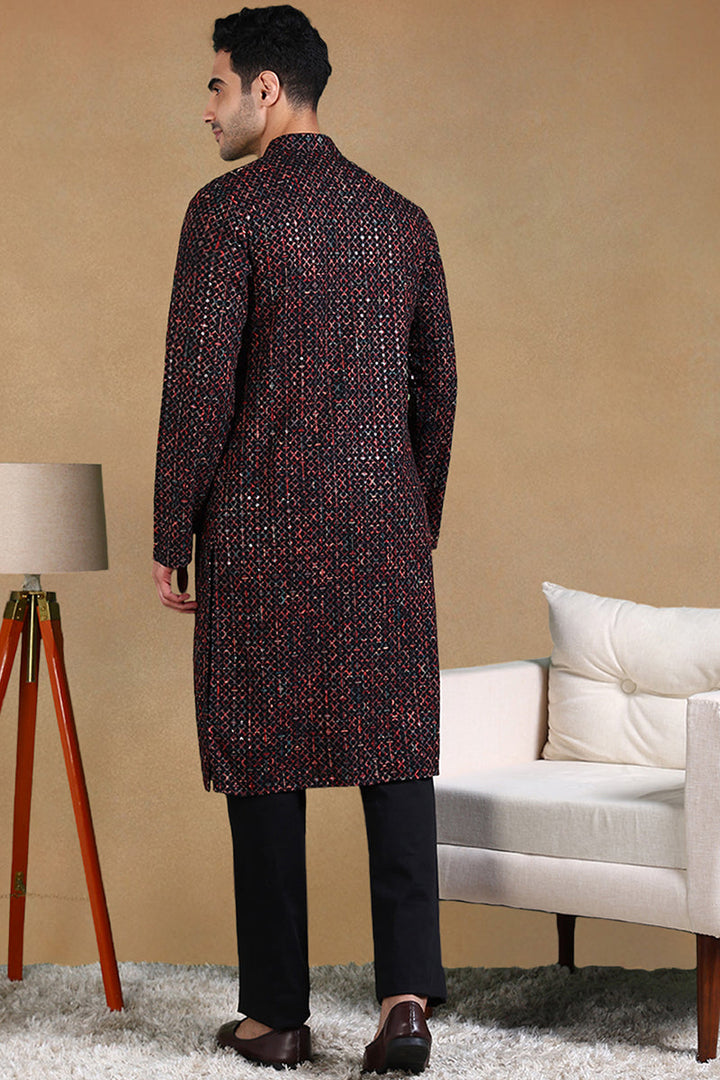 Black Viscose Rayon Ethnic Motifs Embroidered Straight Kurta For Men | SHOBITAM