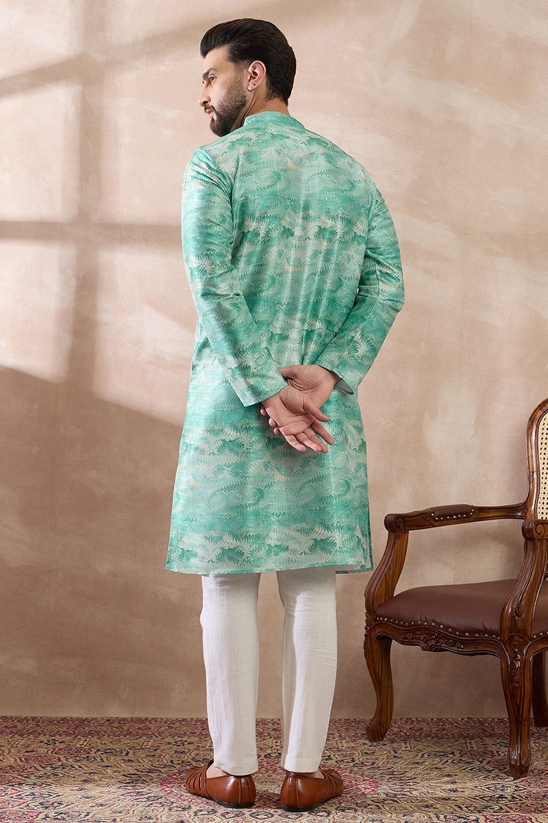 Green Silk Blend Printed Mandarin Collar Straight Kurta With Trouser | SHOBITAM