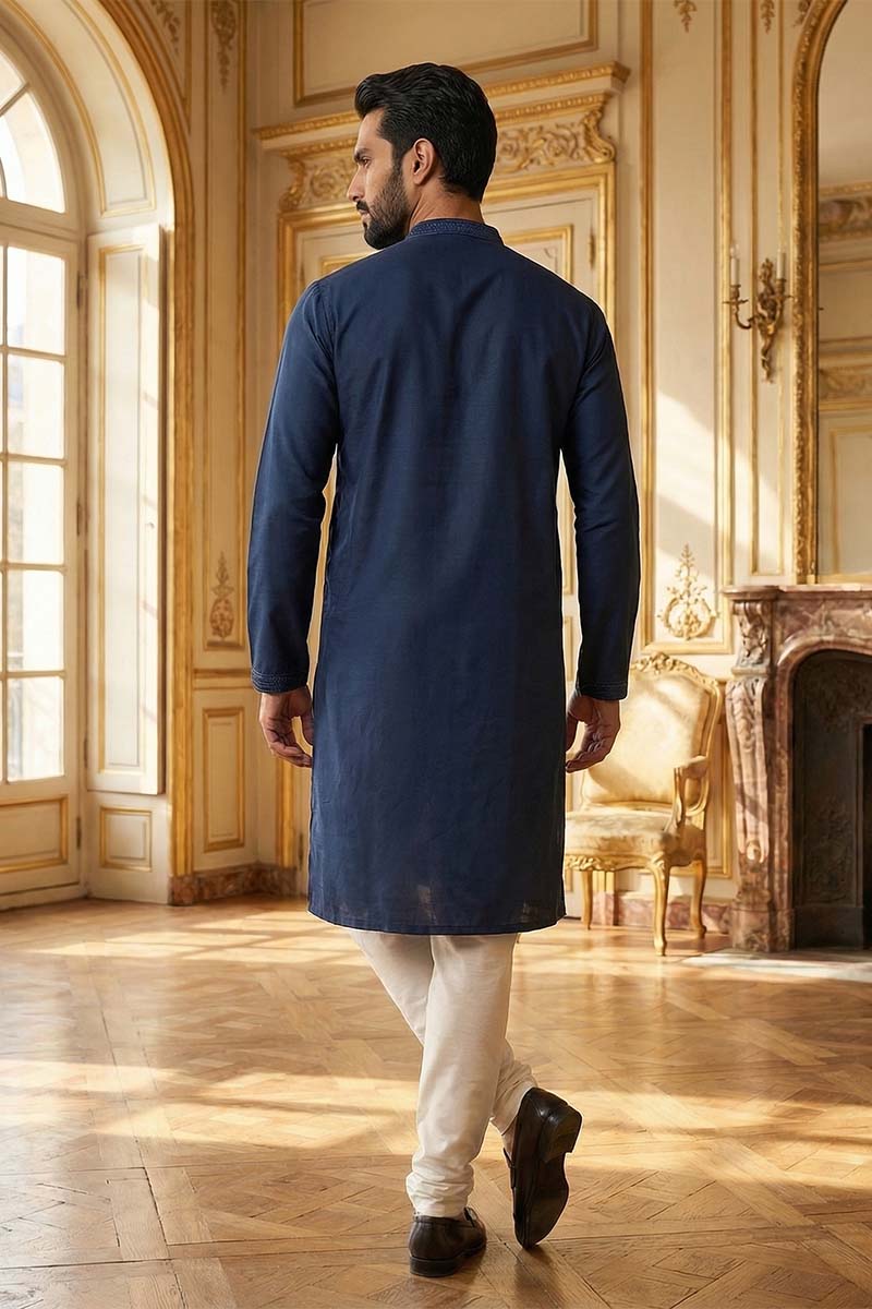 Blue Silk Blend Embroidered Straight Kurta | SHOBITAM