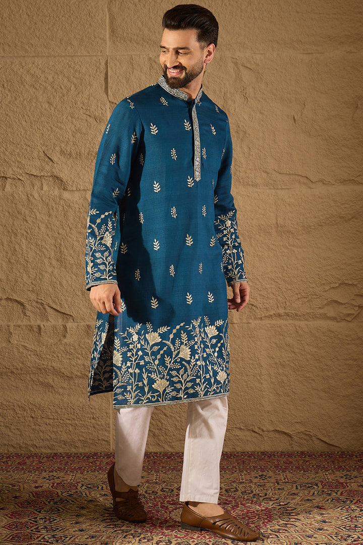 Blue Chanderi Silk Solid Embroidered Straight Kurta with Trouser  | SHOBITAM