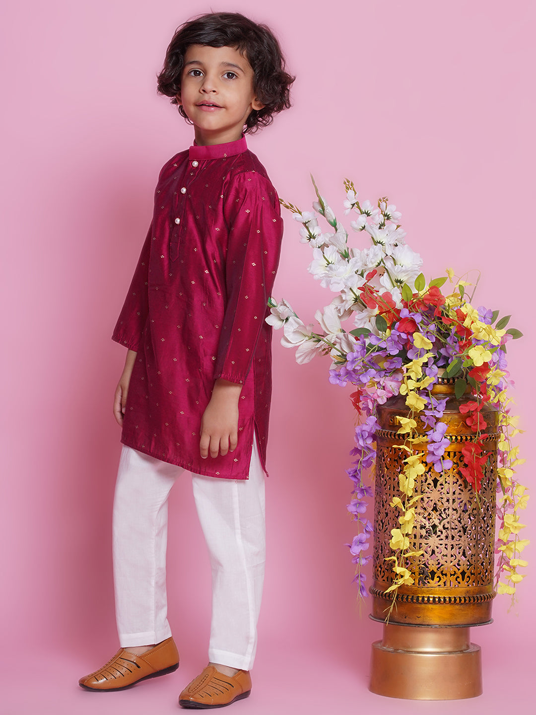 Cotton Silk Full Sleeves Zari Embroidered Kurta with Pyjama - Hot Pink | SHOBITAM