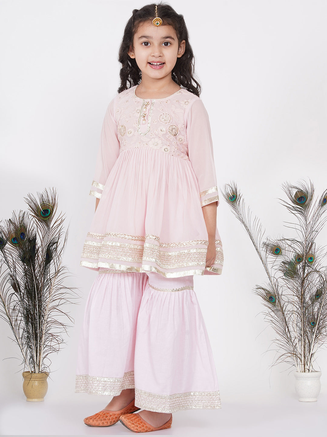 Girls Gotta Patti work Kurta frock with Sharara and Dupatta - Baby Pink | SHOBITAM