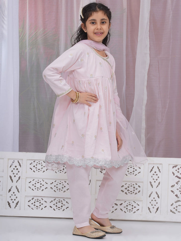 Girls Cotton Three Fourth Sleeves Angrakha Kurta with Pyjami and Net Dupatta with Floral Zari Work - Pink