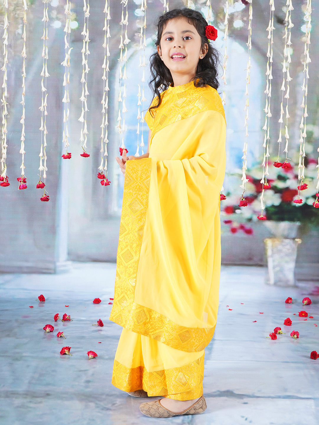 Floral Rangoli Blouse with Ready to wear Saree - Yellow | SHOBITAM