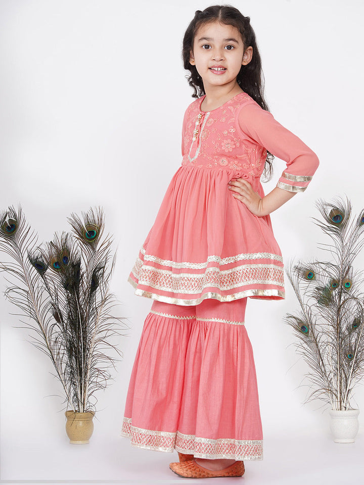 Girls jaipuri Lacework and Gotta Patti work Kurta frock with Sharara and Dupatta | SHOBITAM