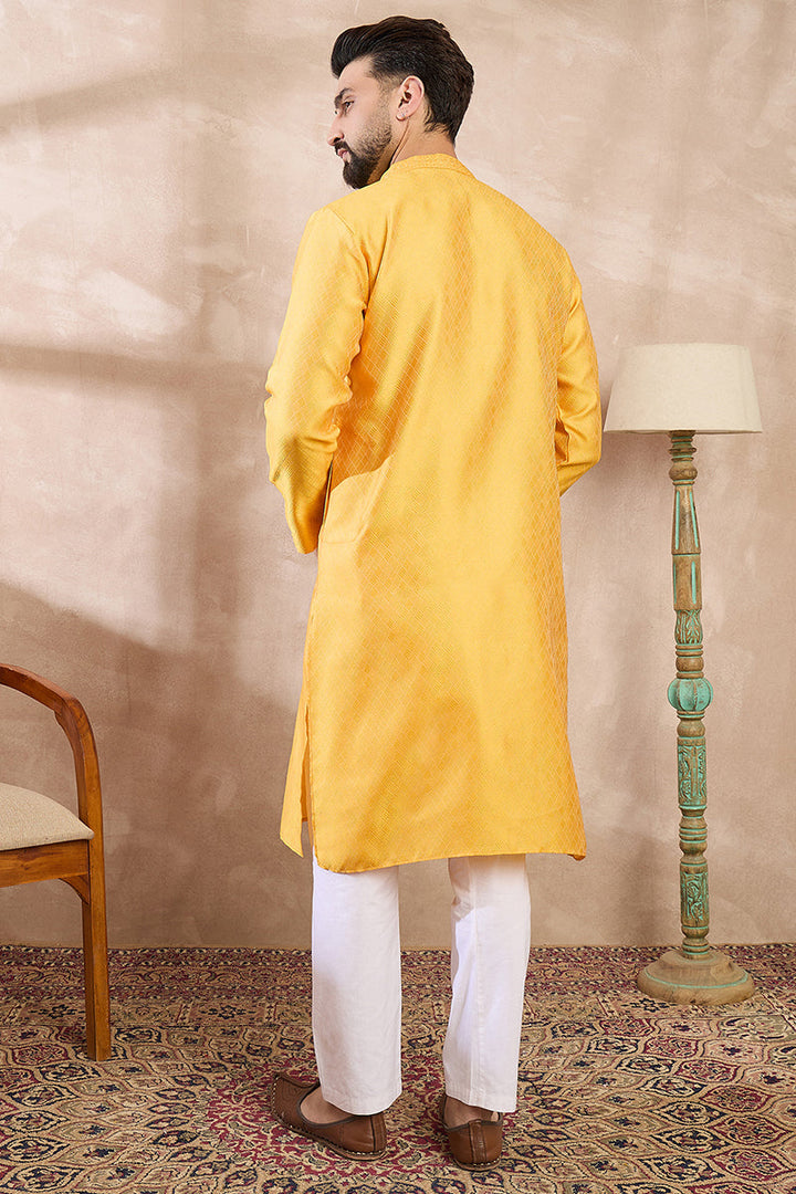 Yellow Silk Blend Solid Embroidered Straight Kurta With Trouser | SHOBITAM