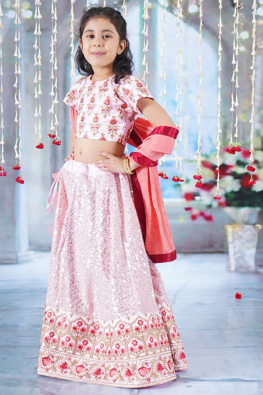 Girl Bageecha Floral Thread work Blouse with Mirror work Lehenga and Sequin moti work Dupatta, accompanied with Hand made tassel and Ghungroo work | SHOBITAM