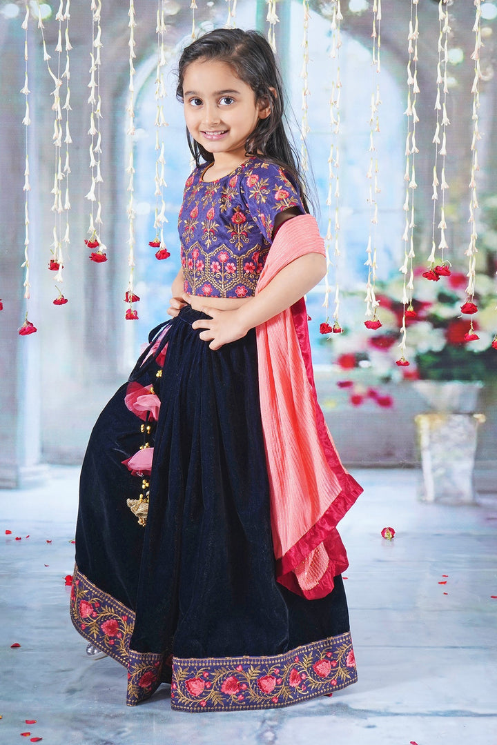 Girl Bageecha Floral Thread work Blouse with Velvet Lehenga and Sequin moti work Dupatta, accompanied with Hand made tassel and Ghungroo work | SHOBITAM