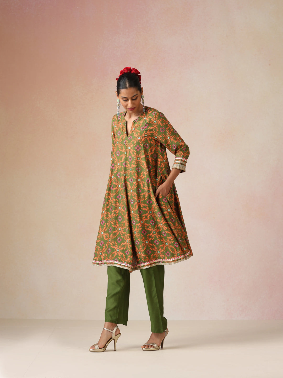 Dark Green Orange Jaal Print Viscose Flared Kurta Co-ord Set | SHOBITAM