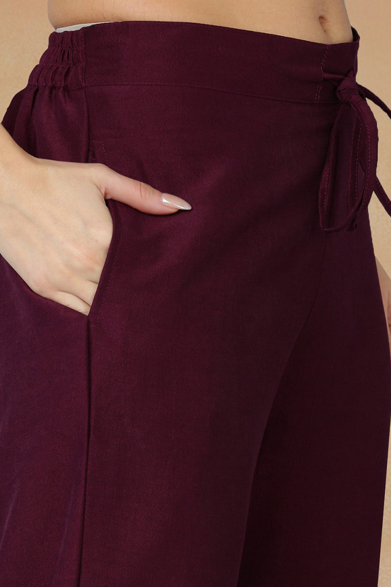 Burgundy Silk Blend Solid Straight Kurta Trousers With Dupatta  | SHOBITAM