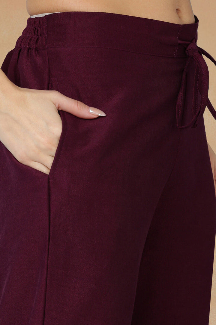 Burgundy Silk Blend Solid Straight Kurta Trousers With Dupatta  | SHOBITAM
