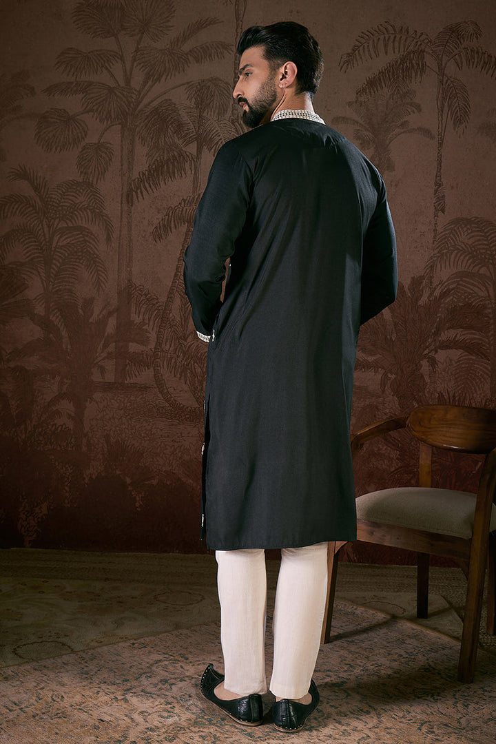 Black Silk Blend Solid Embroidered Straight Kurta With Trouser | SHOBITAM