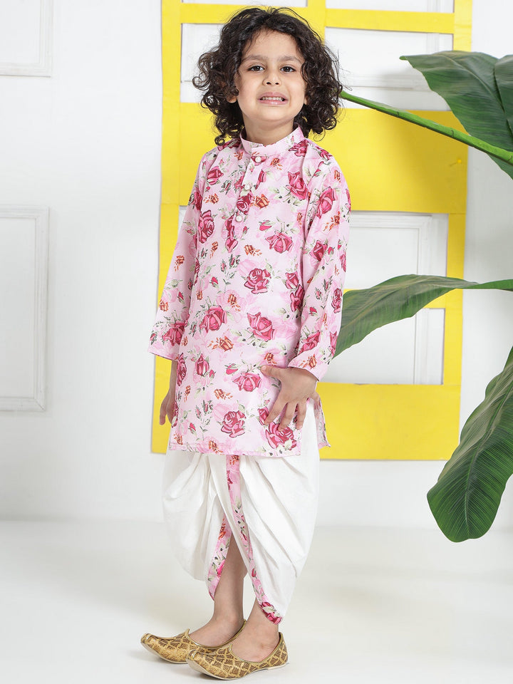 Blush Pink Rose Muslin Kurta with Cotton Dhoti | SHOBITAM