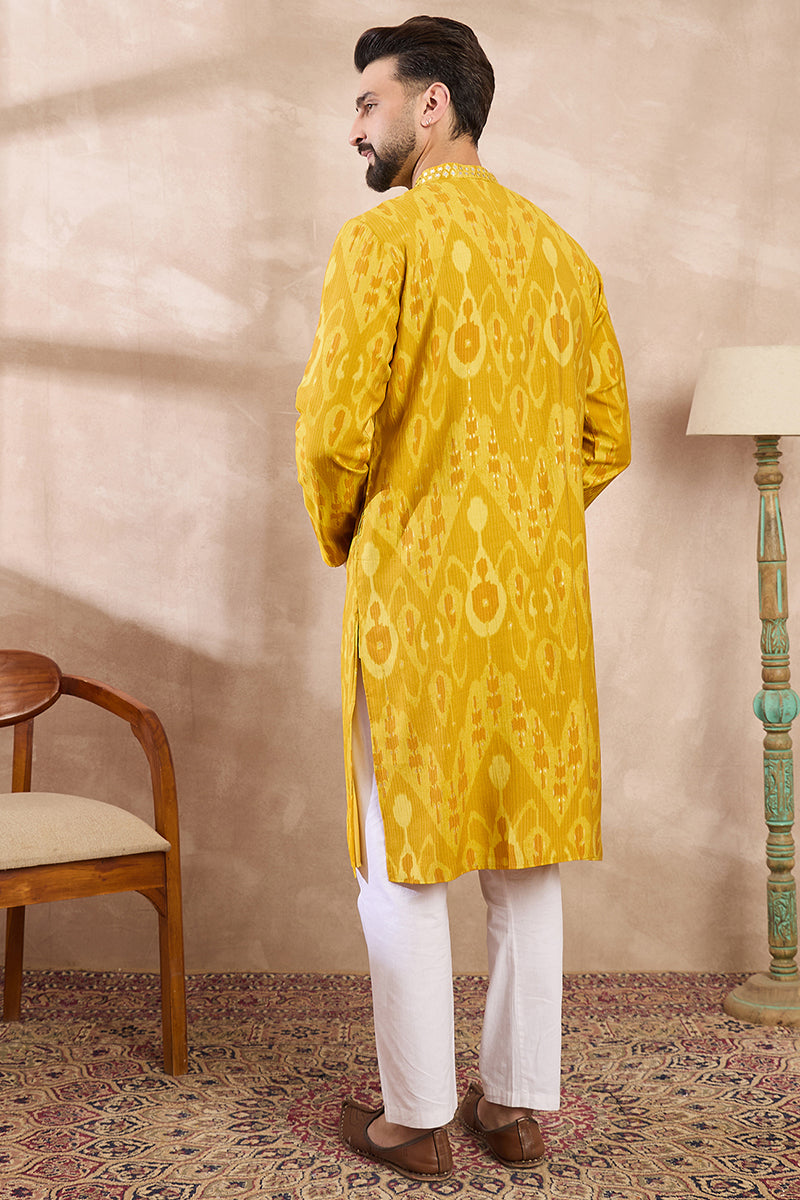 Yellow Viscose Rayon Chevron Printed Straight Kurta For Men | SHOBITAM