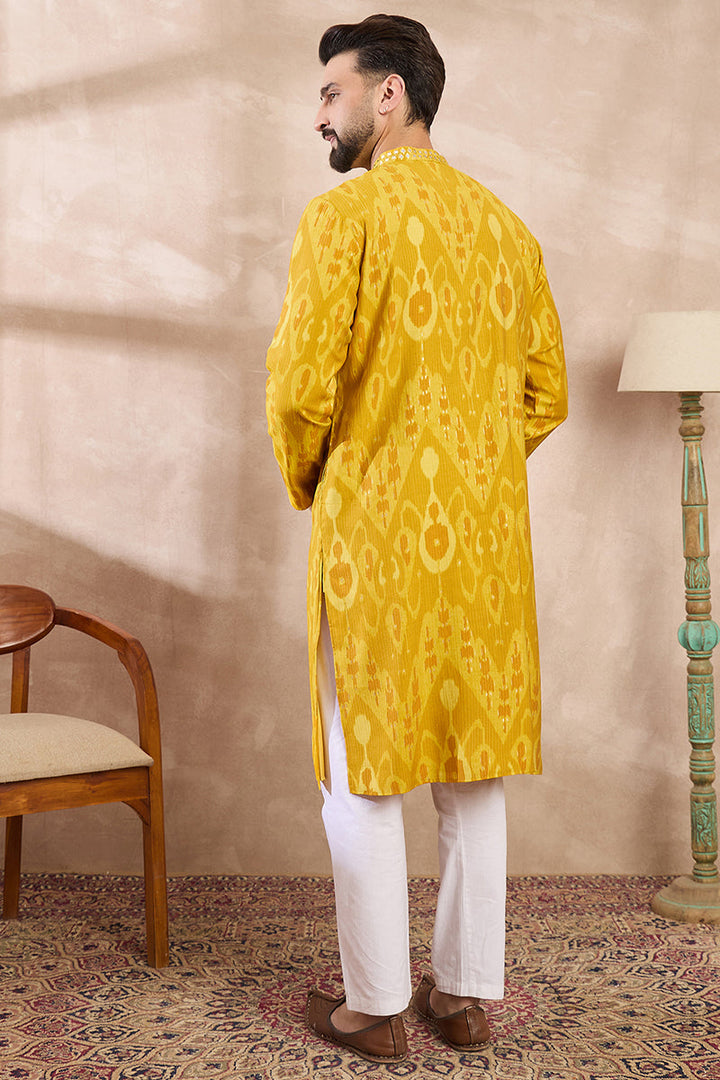Yellow Viscose Rayon Chevron Printed Straight Kurta For Men | SHOBITAM