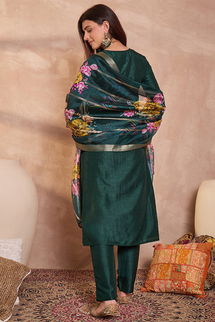 Green Silk Blend Solid Embroidered Straight Kurta Trouser With Dupatta | SHOBITAM