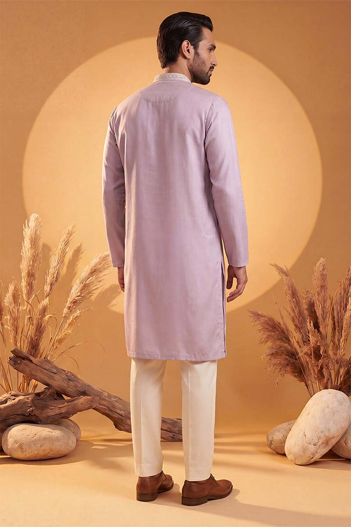 Mens Lavender Silk Blend Solid Embroidered Kurta With Trousers | SHOBITAM