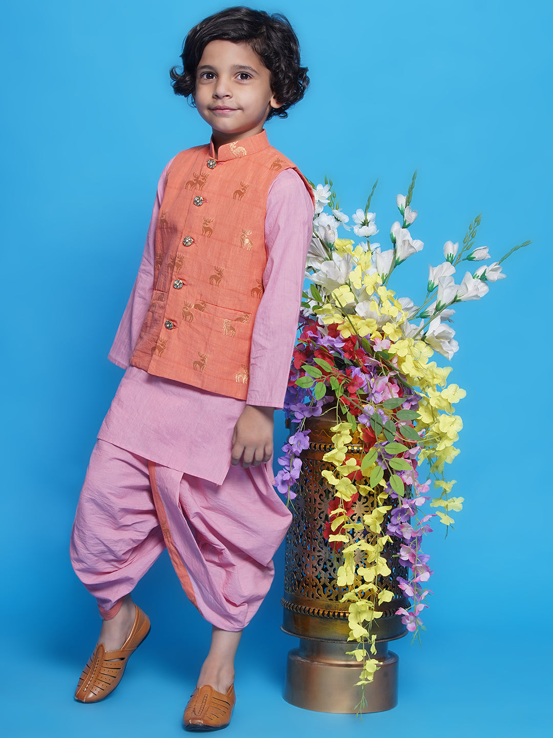 Cotton Sleeveless Golden Deer Embrodiery Nehru Jacket with Kurta and Dhoti - Peach | SHOBITAM