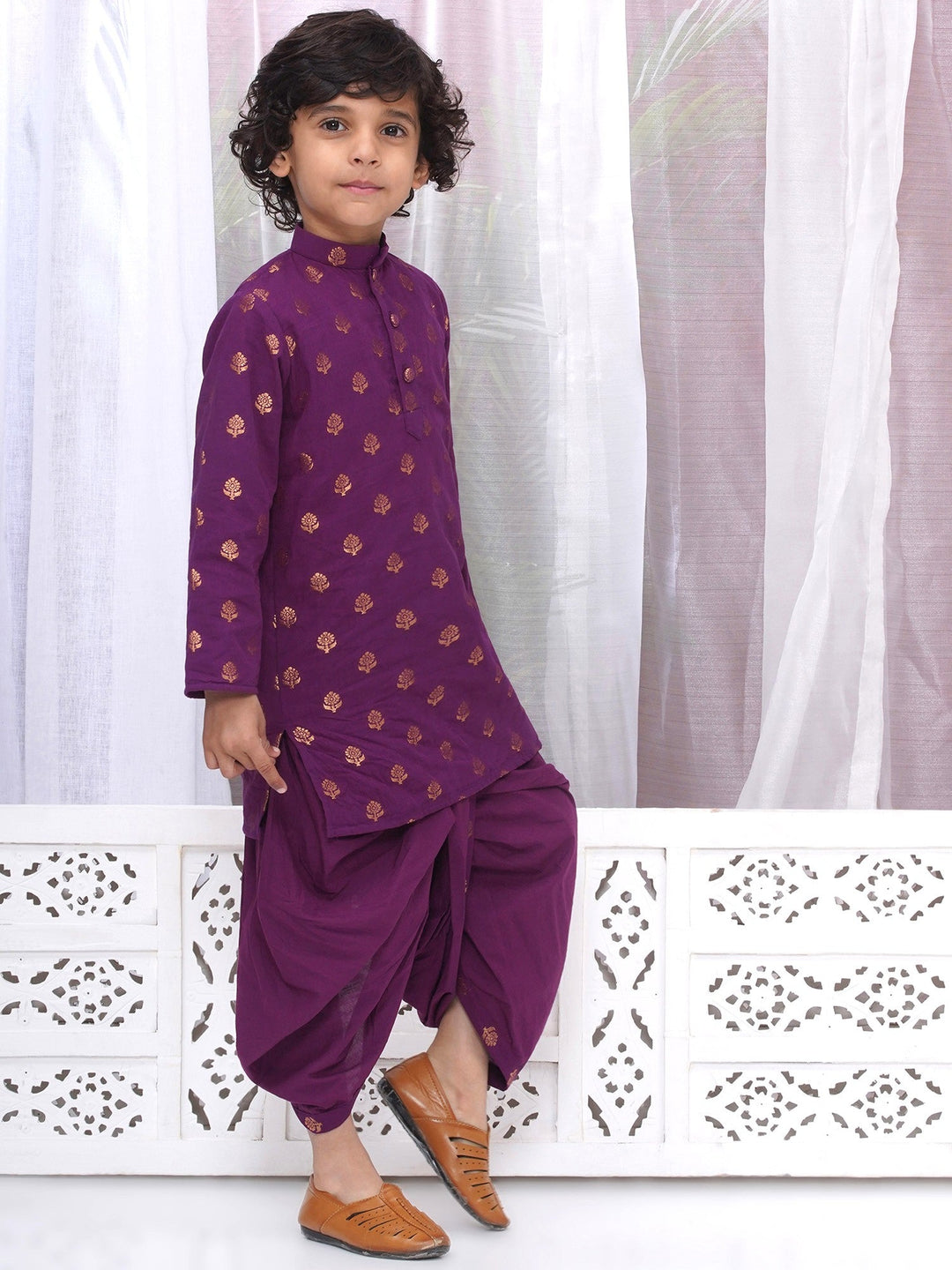 Boys Cotton Full Sleeves Kurta and Dhoti with Golden Floral Zari Work- Purple | SHOBITAM