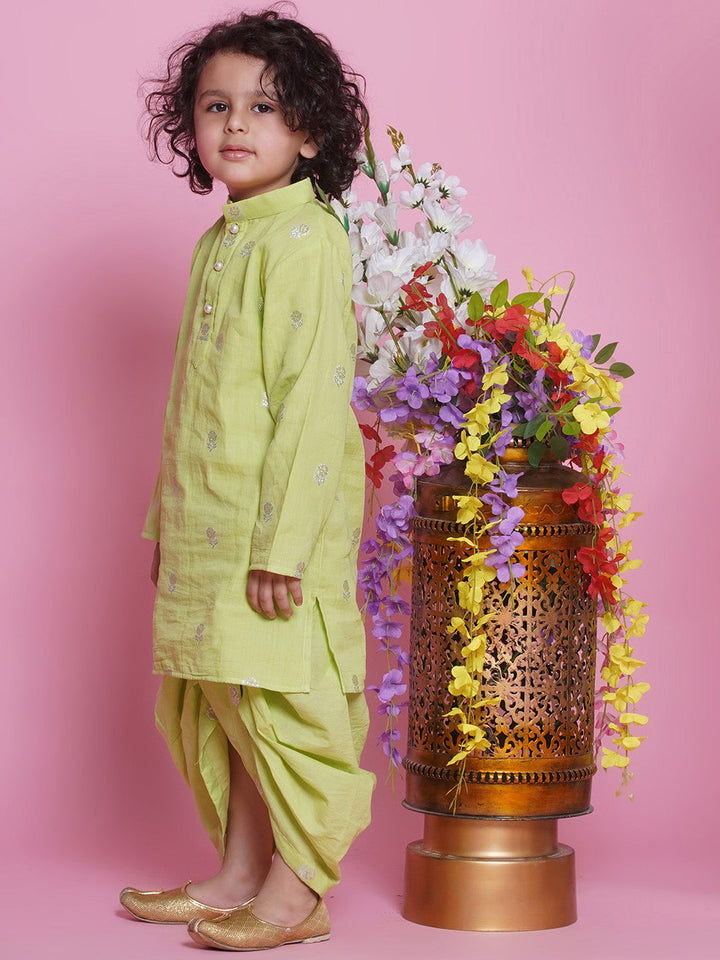 Cotton Full Sleeves Rose Zari Embroidered Kurta with Dhoti -Fern Green | SHOBITAM