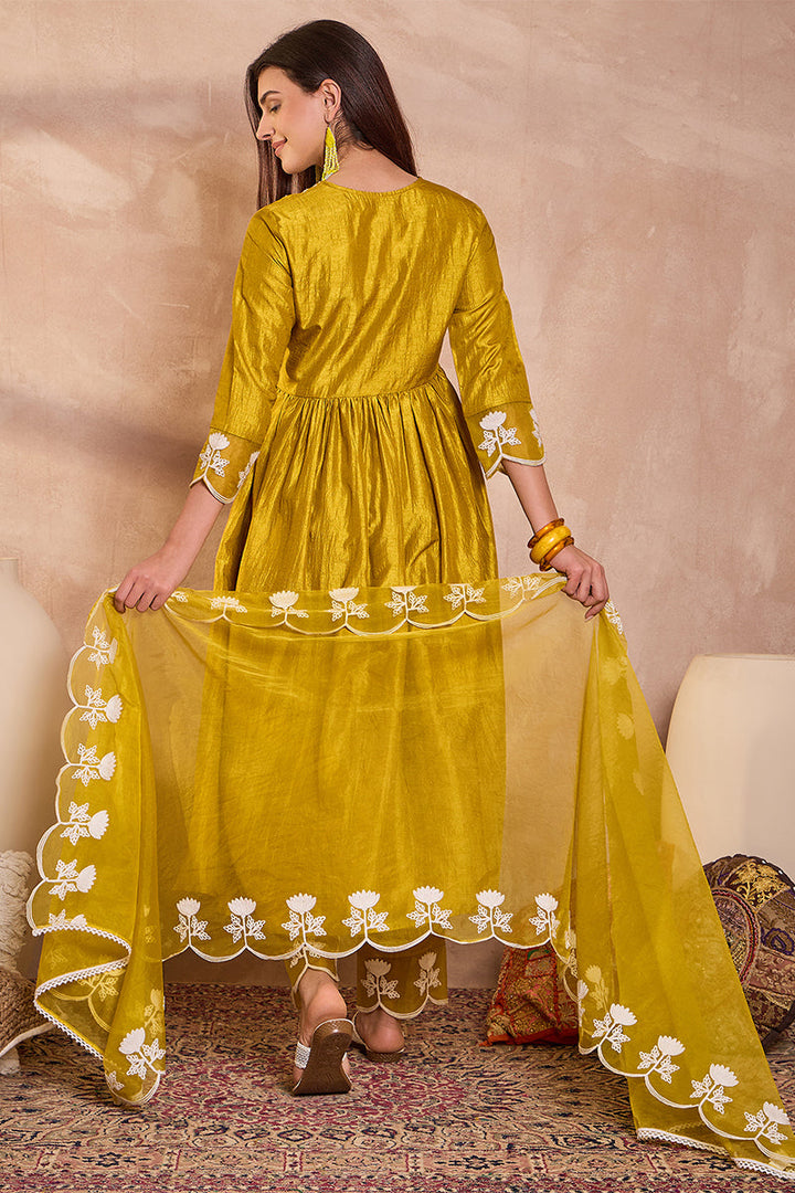 Mustard Silk Blend Solid Embroidered A-Line Kurta Trouser With Dupatta | Shobitam