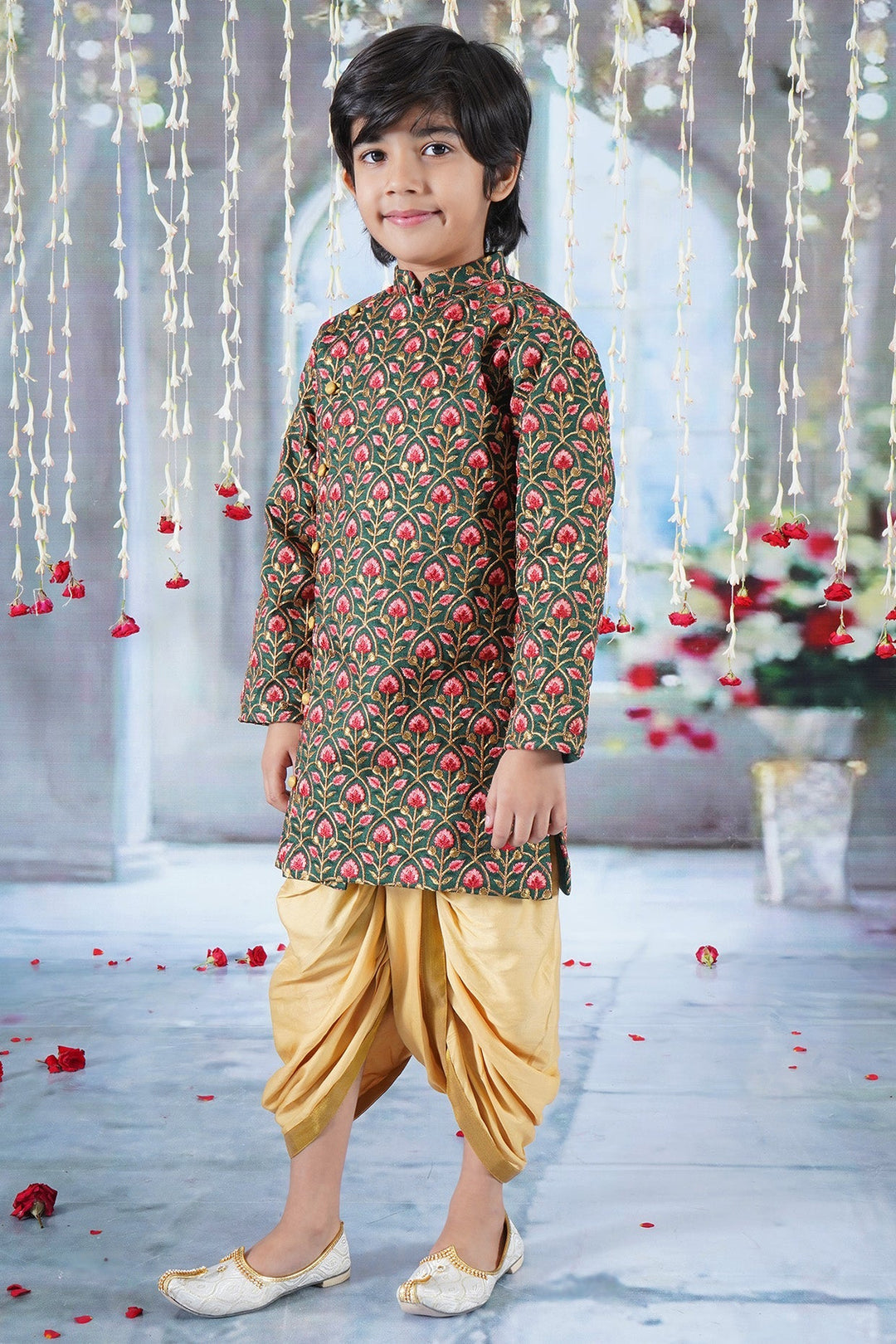 Boys Bageecha Floral Thread work Angrakha Sherwani with Beige Silk Dhoti in Green | SHOBITAM