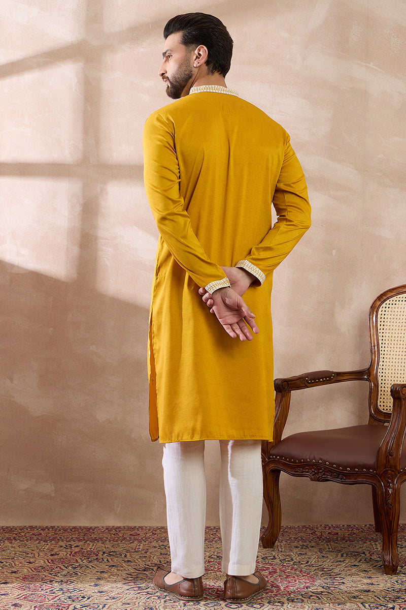 Yellow Silk Blend Embroidered Mandarin Collar Straight Kurta | SHOBITAM