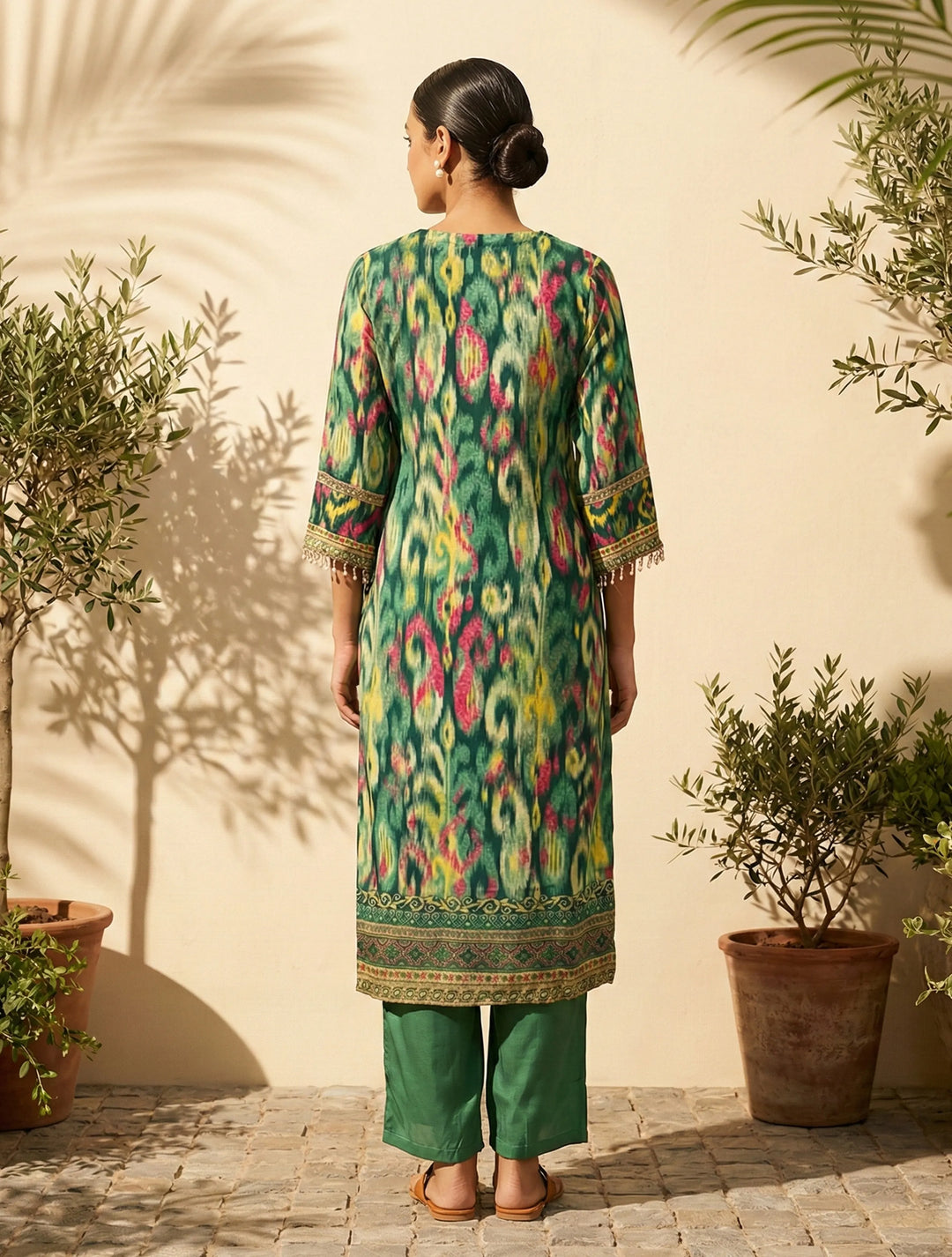 Green Ikat Print Embroidered V-Neck Kurta Pant Dupatta Set | SHOBITAM