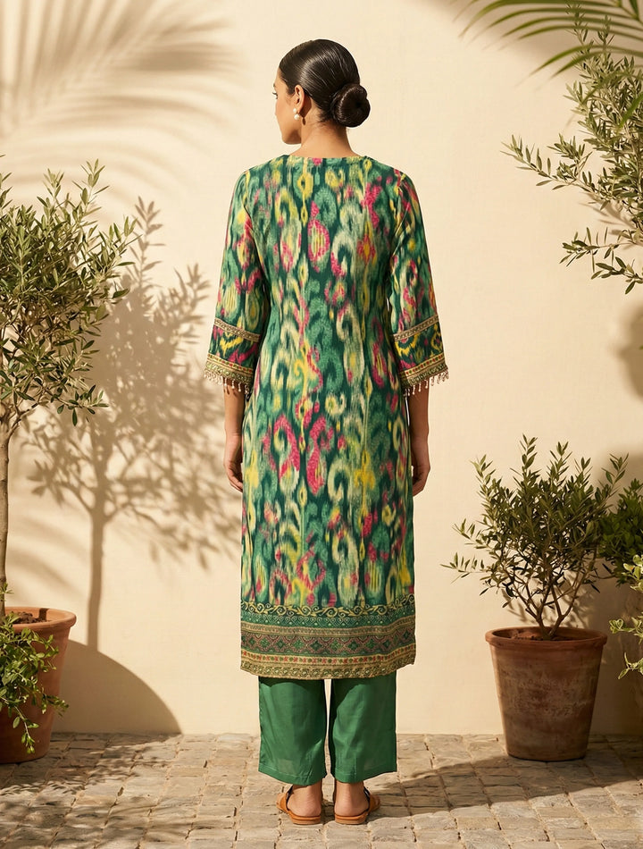 Green Ikat Print Embroidered V-Neck Kurta Pant Dupatta Set | SHOBITAM