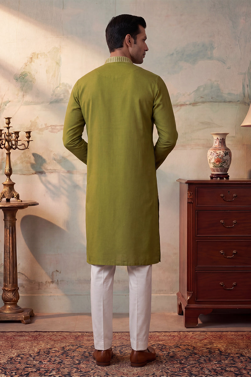 Mens Green Silk Blend Solid Emboidered Straight Kurta With Trouser | SHOBITAM