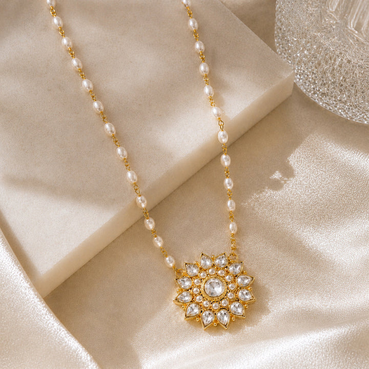 Pearl Beaded Chain Necklace with Kundan Star Flower Pendant | SHOBITAM