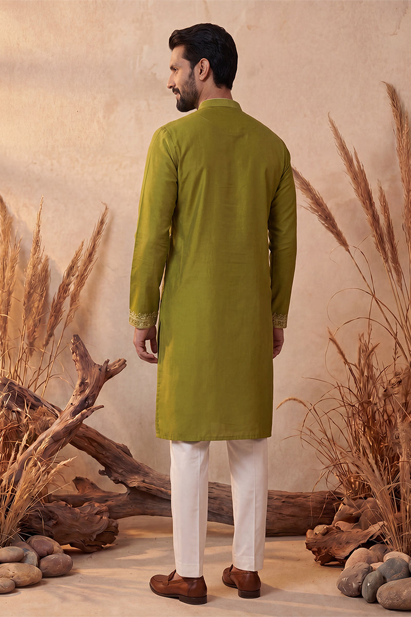 Mens Green Silk Blend Solid Emboidered Straight Kurta With Trouser | SHOBITAM