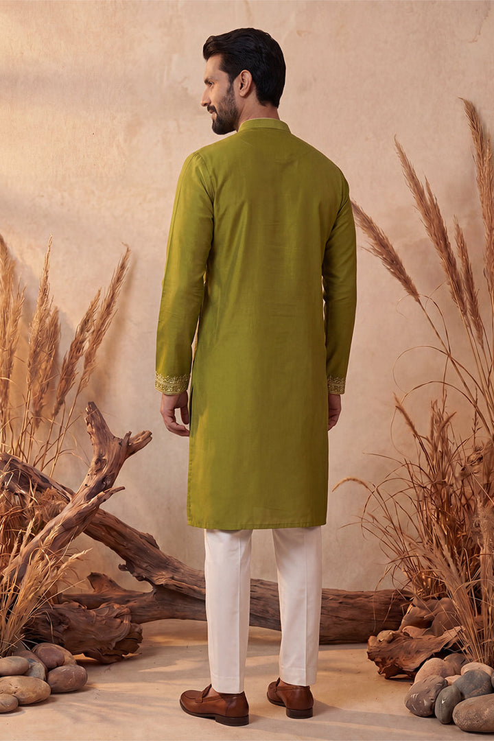 Mens Green Silk Blend Solid Emboidered Straight Kurta With Trouser | SHOBITAM