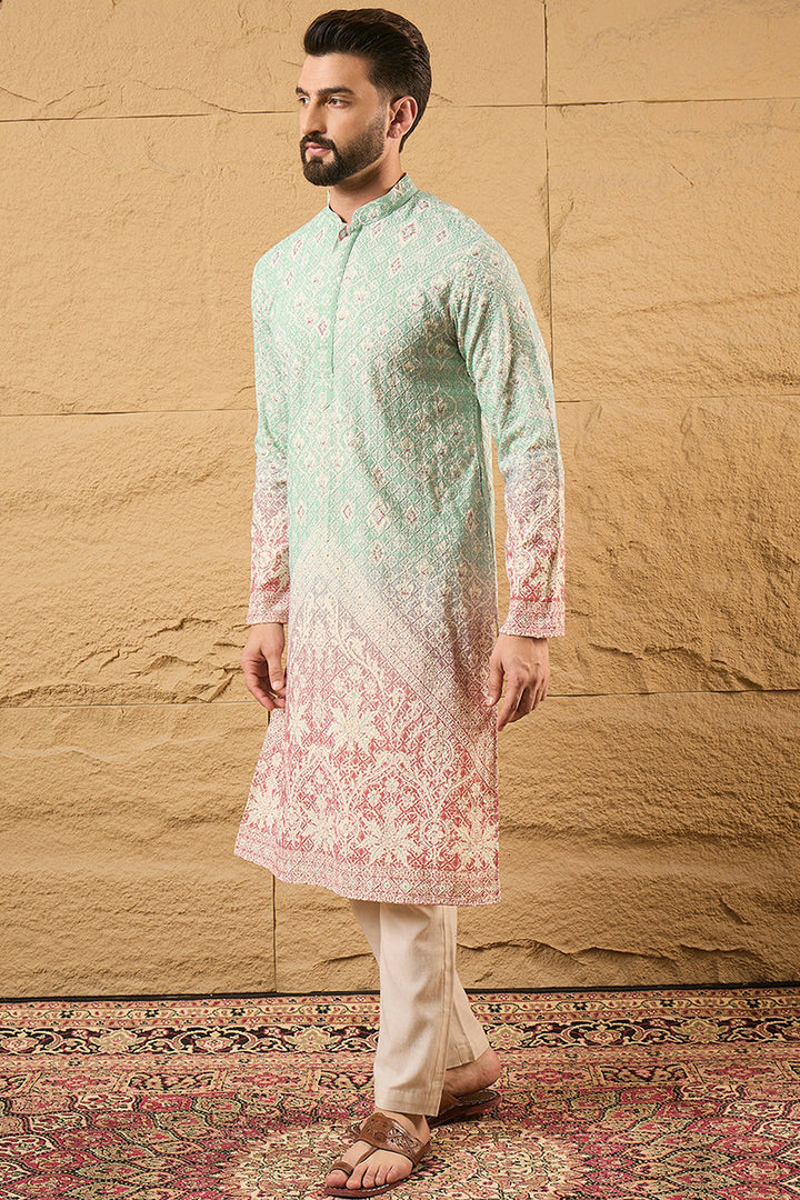 Teal Viscose Rayon Ethnic Motifs Embroidered Straight Kurta with Trouser  | SHOBITAM