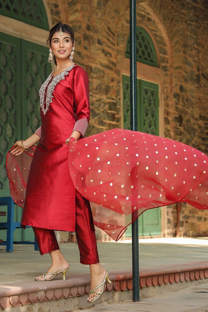 Maroon Poly Silk Solid Yoke Design Kurta Trousers With Dupatta | SHOBITAM