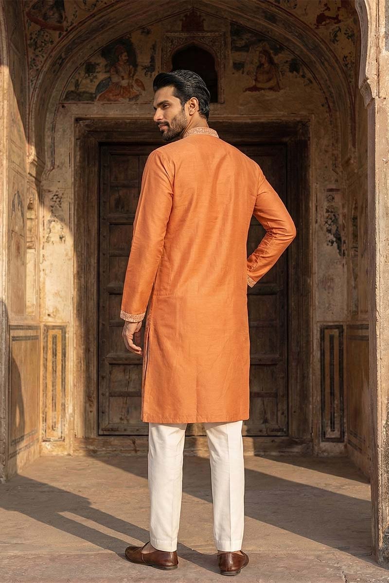 Peach Viscose Rayon Embroidered Straight Kurta | SHOBITAM