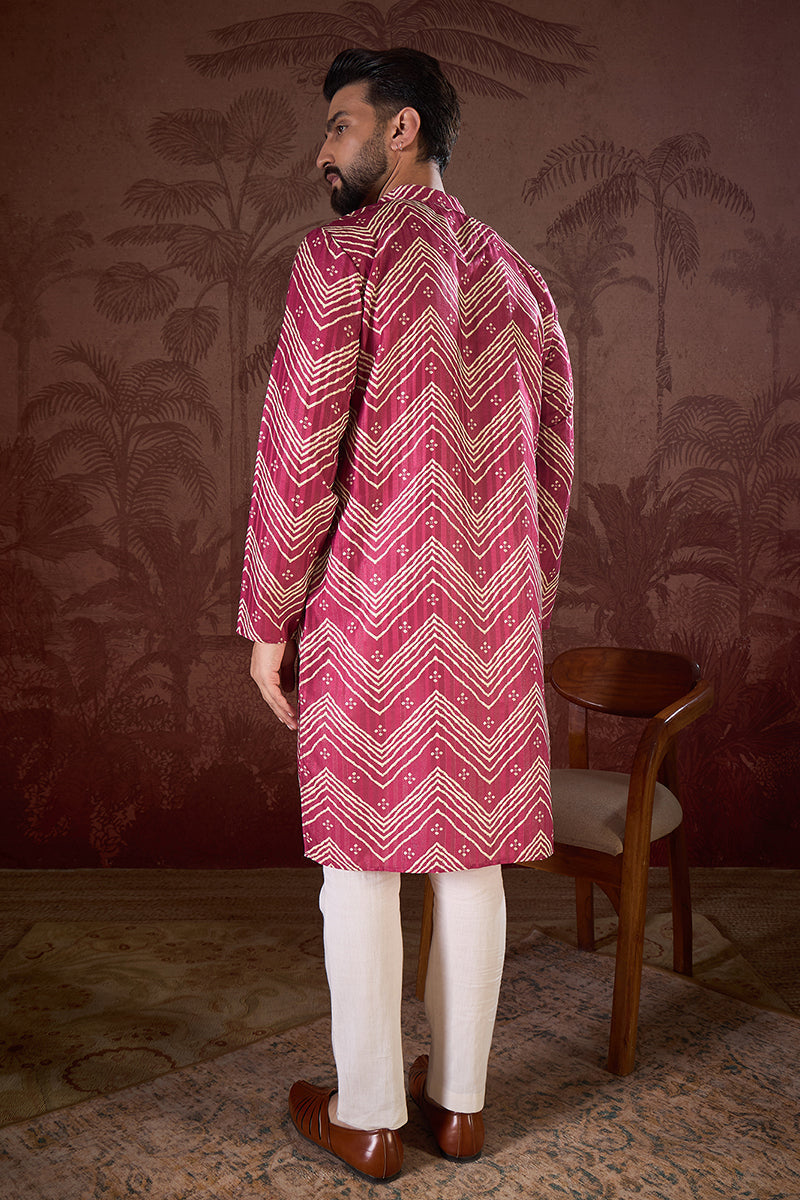 Magenta Silk Blend Chevron Printed Straight Kurta For Men | SHOBITAM