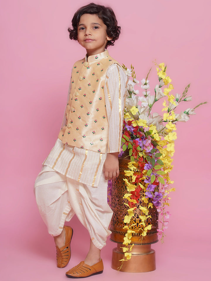 Cotton Full Sleeves Kurta with Floral Embroidery Nehru Jacket and Dhoti -Cream | SHOBITAM
