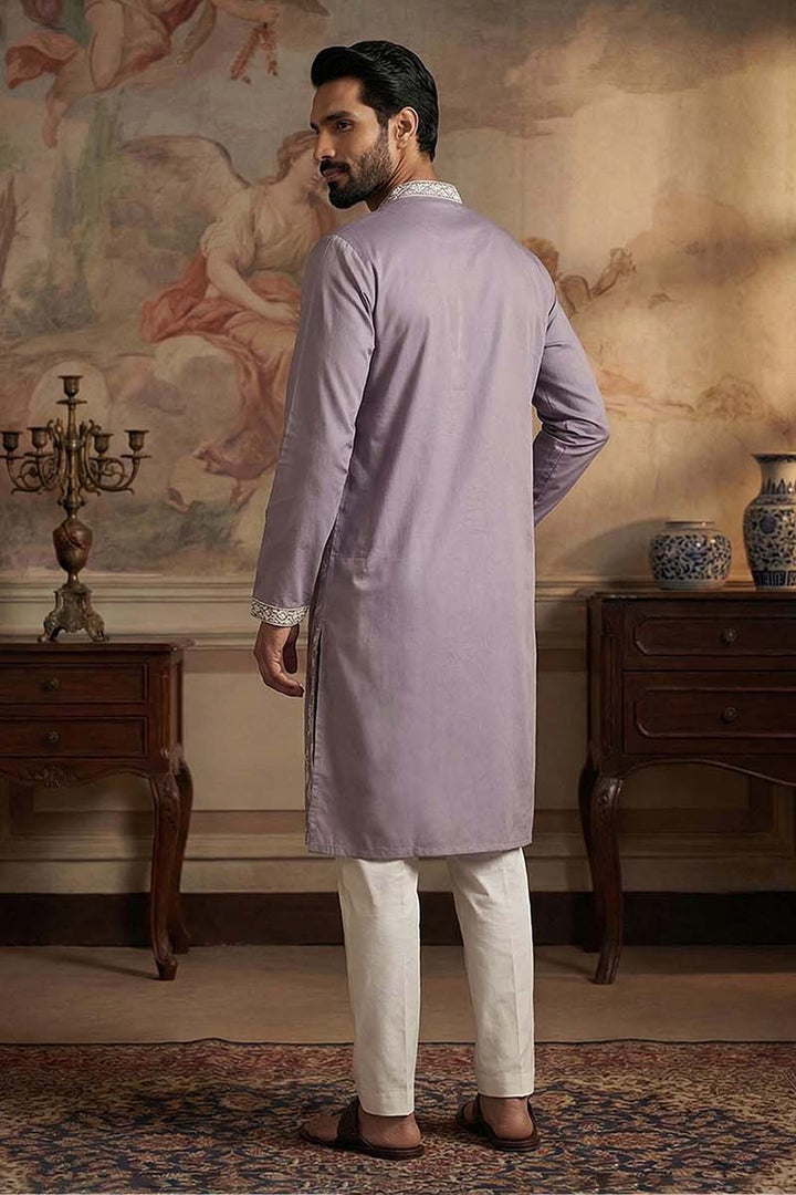 Silk Blend Lavender Solid Embroidered Calf Length Straight Kurta | SHOBITAM