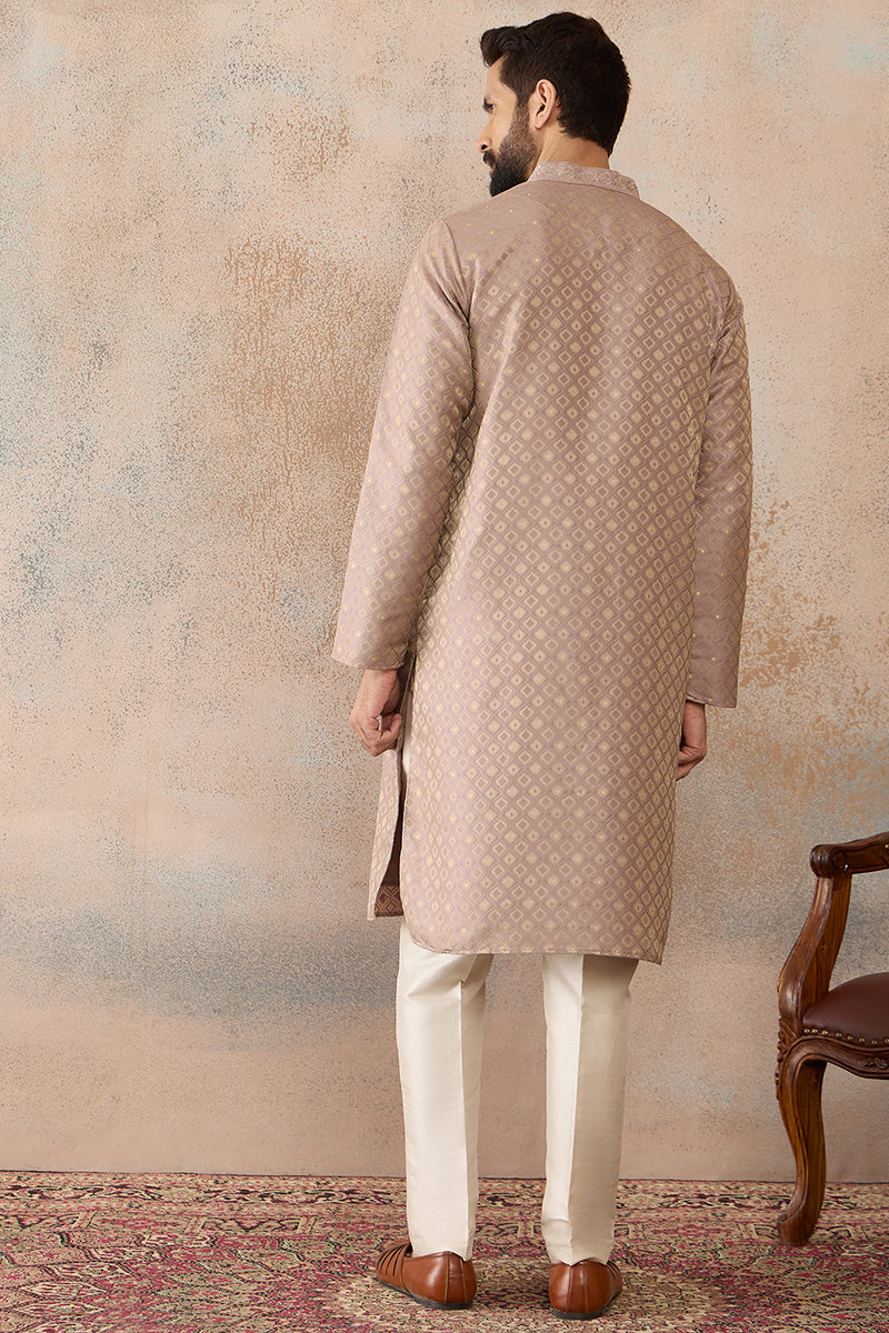 Mens Taupe Jacquard Ethnic Motifs Embroidered Kurta | SHOBITAM