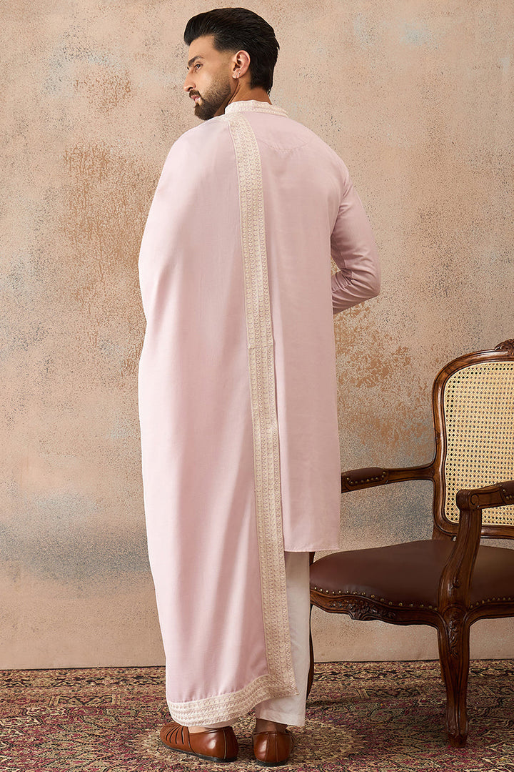 Mens Lavender Silk Blend Solid Embroidered Kurta Trouser With Dupatta  | SHOBITAM