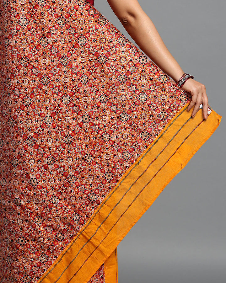 Yellow Red Ajrak Print Khesh Cotton Saree with Blouse piece | SHOBITAM