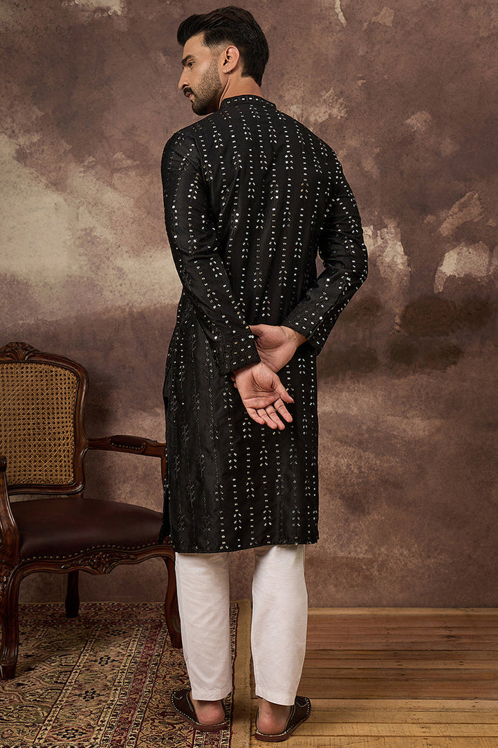Black Silk Blend Solid Embroidered Straight Kurta With Pant Set | SHOBITAM