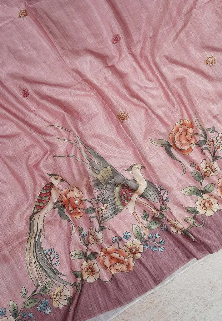 Thistle Semi Tussar Saree with Embroidery Outline | SHOBITAM
