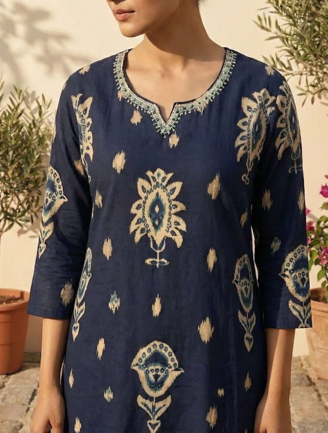Blue Print Embroidered Round With V-Neck Kurta Pant Dupatta Set | SHOBITAM