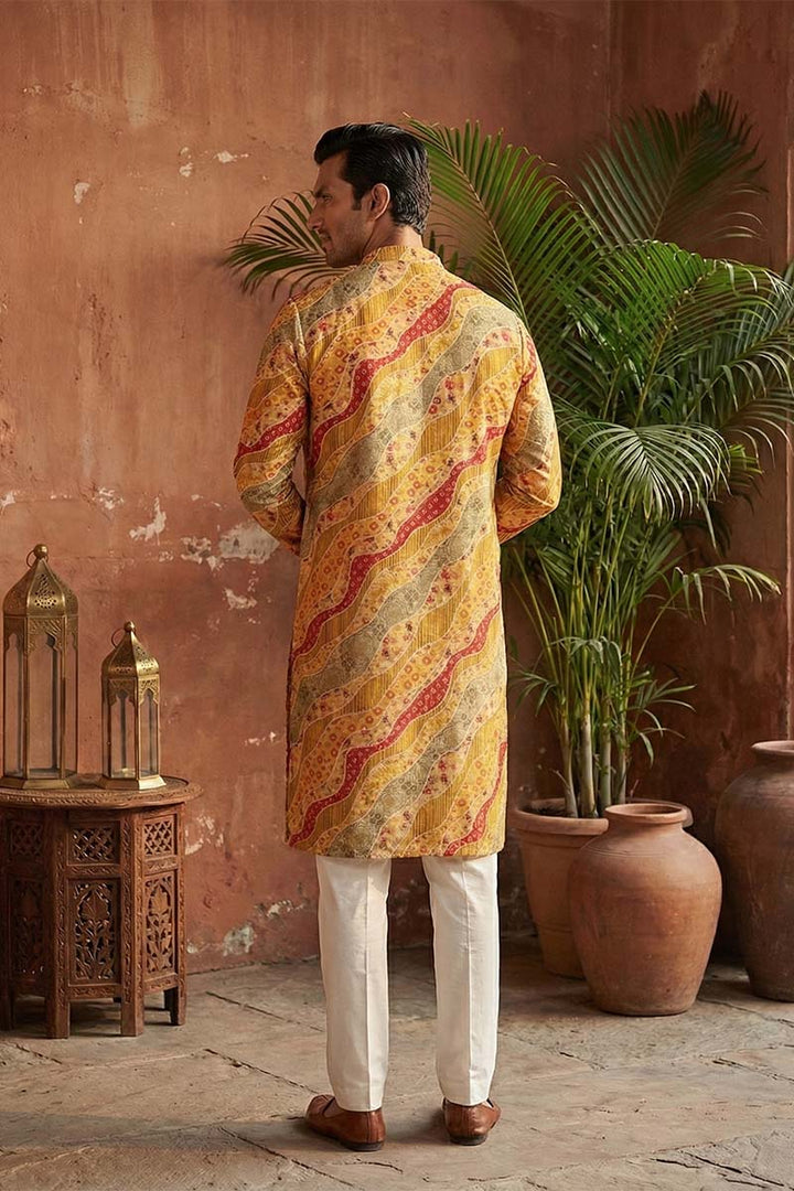 Yellow Silk Blend Printed Straight Kurta | SHOBITAM