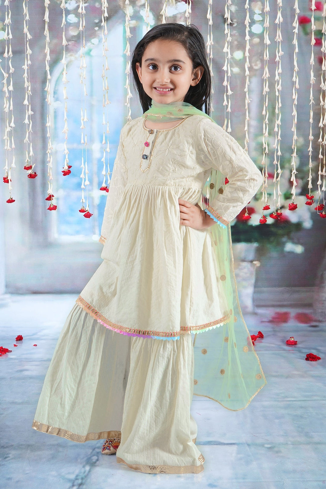 Girls Cotton Three Fourth Sleeves Kurta Sharara and Dupatta with Floral Embroidery, Kantha and Lace work with Rajasthani Lac Buttons - Seashell Cream| SHOBITAM