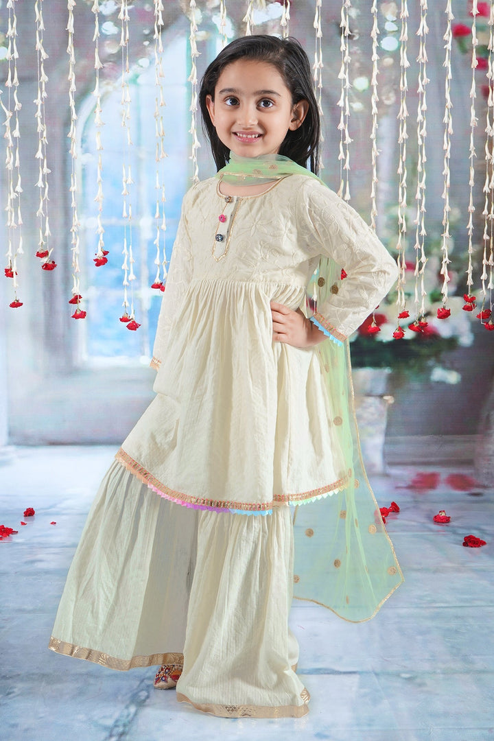 Girls Cotton Three Fourth Sleeves Kurta Sharara and Dupatta with Floral Embroidery, Kantha and Lace work with Rajasthani Lac Buttons - Seashell Cream| SHOBITAM